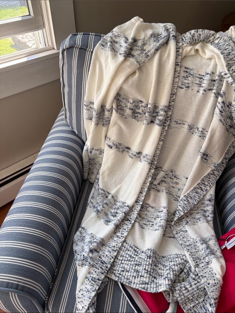 LOFT Cream and Navy Speckled Stripe Open Cardigan